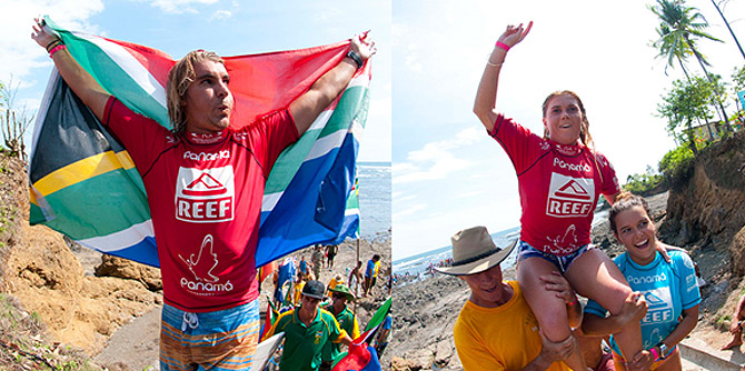 South Africa’s Shaun Joubert is the new Men’s Champion and Australia’s Dimity Stoyle is the Open Women’s Champion at the Reef ISA World Surfing Games. Photo: ISA/Rommel Gonazales