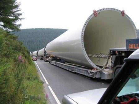 Transportation of a wind turbine in Wales.