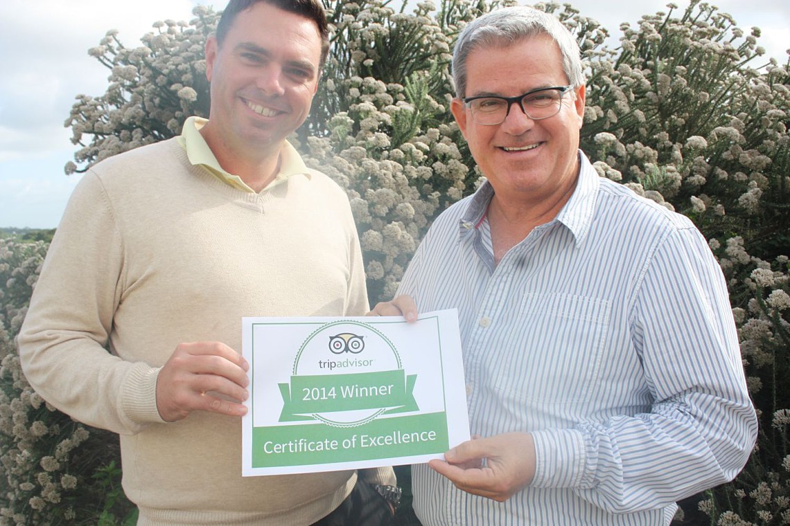 Jeff Clause, CEO of St Francis Links Golf Estate in St Francis Bay is seen here with Justin le Roux. PGA PRO at St Francis Links shortly after the announcement of the TripAdvisor Certificate of Excellence award.