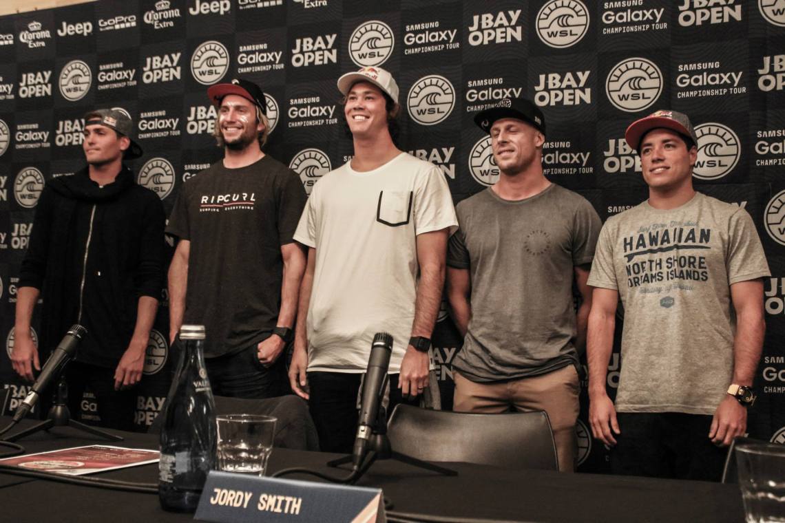 L - R, Slade Prestwich (ZAF), Owen Wright (AUS), Jordy Smith (ZAF), Mick Fanning (AUS) and Adriano de Souza (BRA). Photo: Christopher Scott