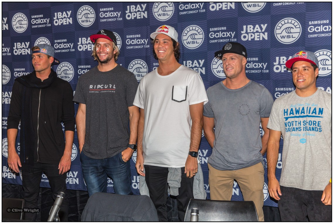 L - R, Slade Prestwich (ZAF), Owen Wright (AUS), Jordy Smith (ZAF), Mick Fanning (AUS) and Adriano de Souza (BRA). Photo: Clive Wright